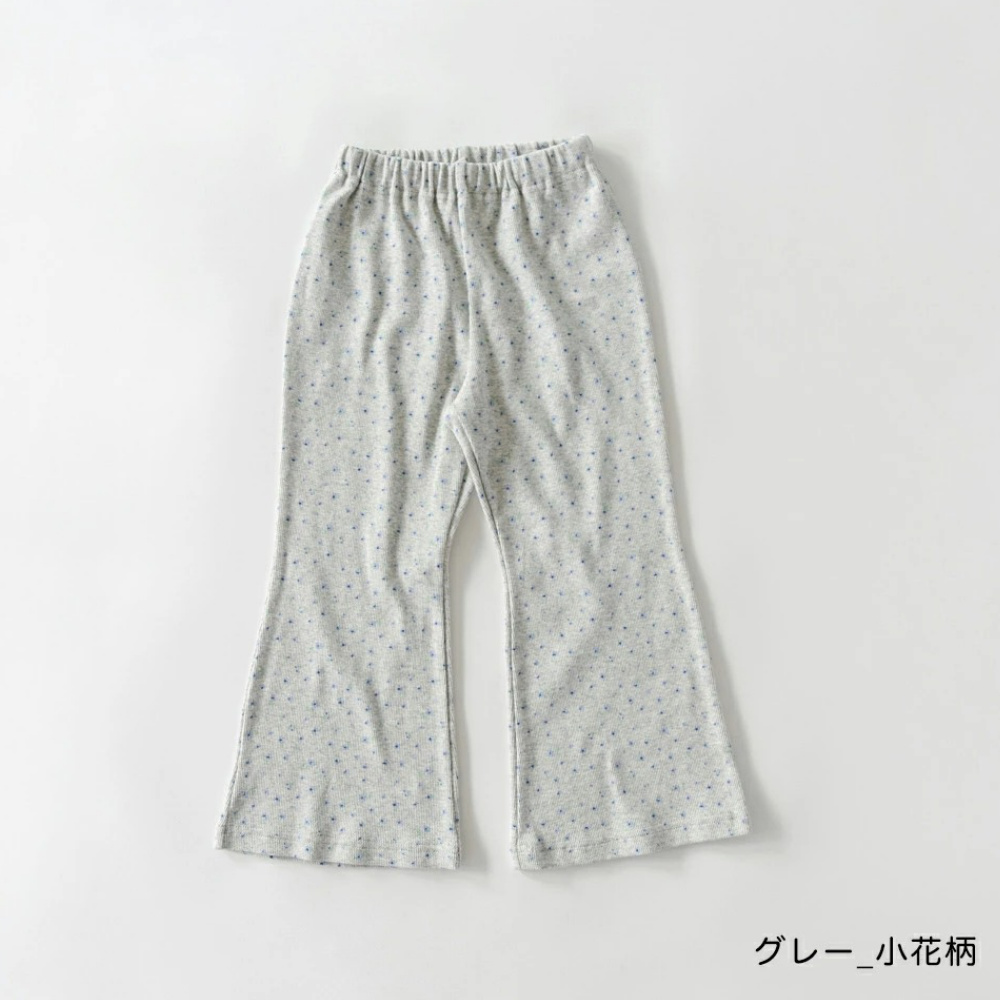 彈性羅紋百搭薄款喇叭褲-浪漫小花-淺灰