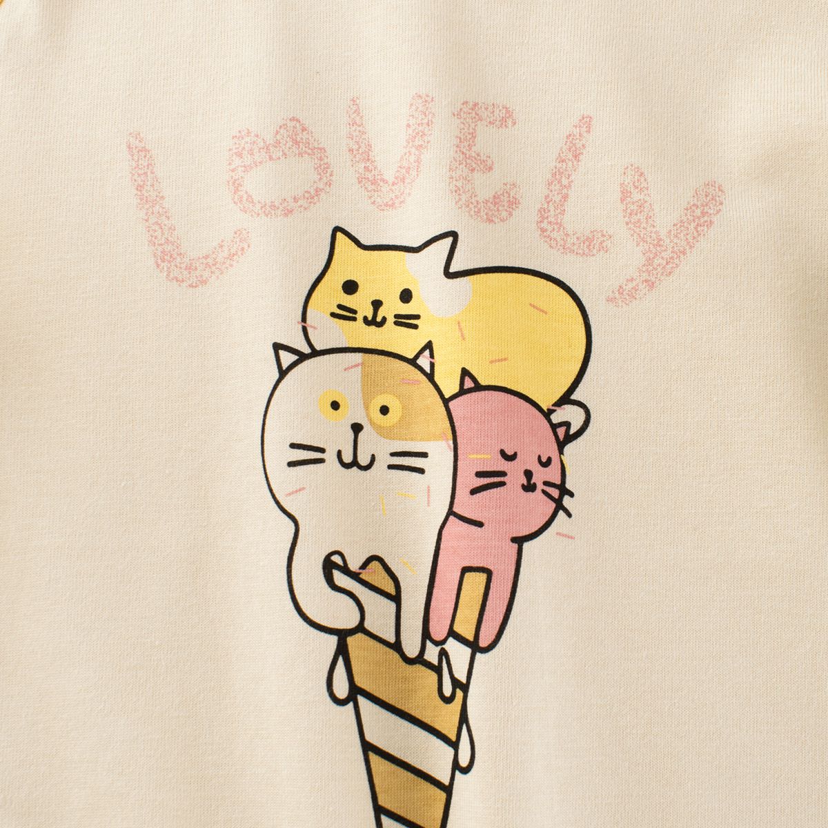 純棉圓領薄長袖上衣-冰淇淋貓貓-杏+黃