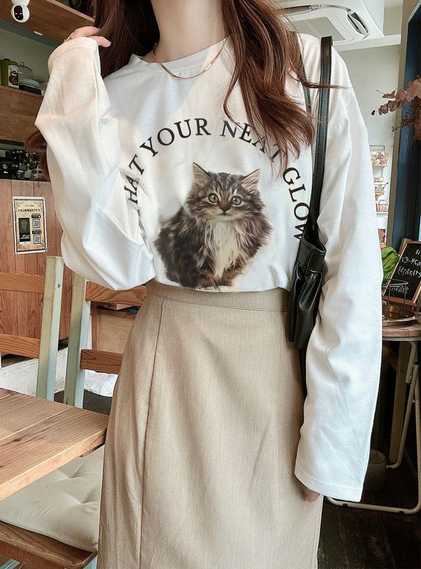 日本 GRL - 棉混圓領貓咪印花長T-虎斑貓-白 (F)