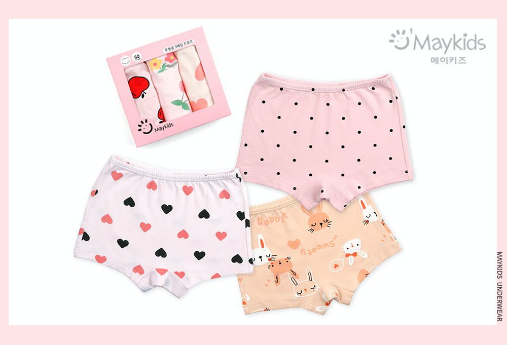 韓國 Maykids - 無螢光棉女寶四角褲三入組-草莓兔子
