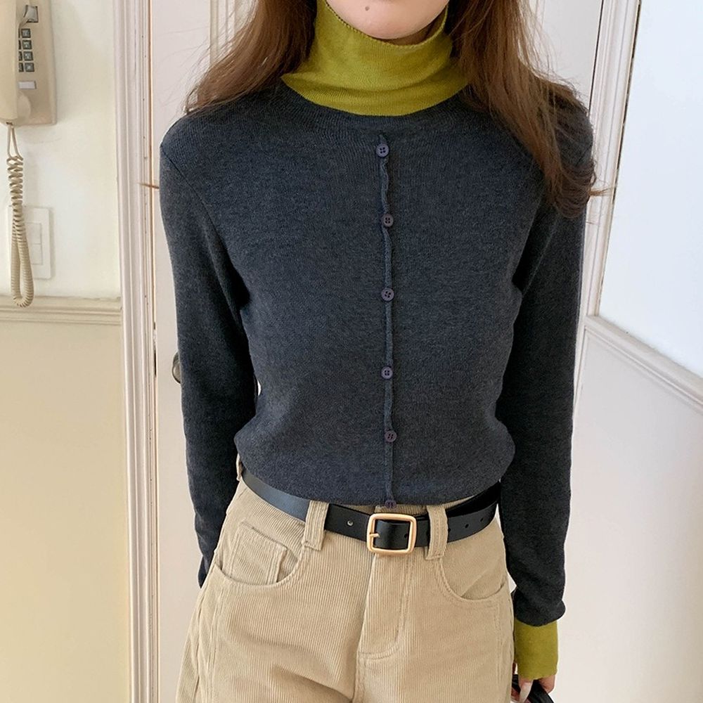 拼色高領顯瘦混羊毛長袖針織上衣-深灰X草綠 (F)