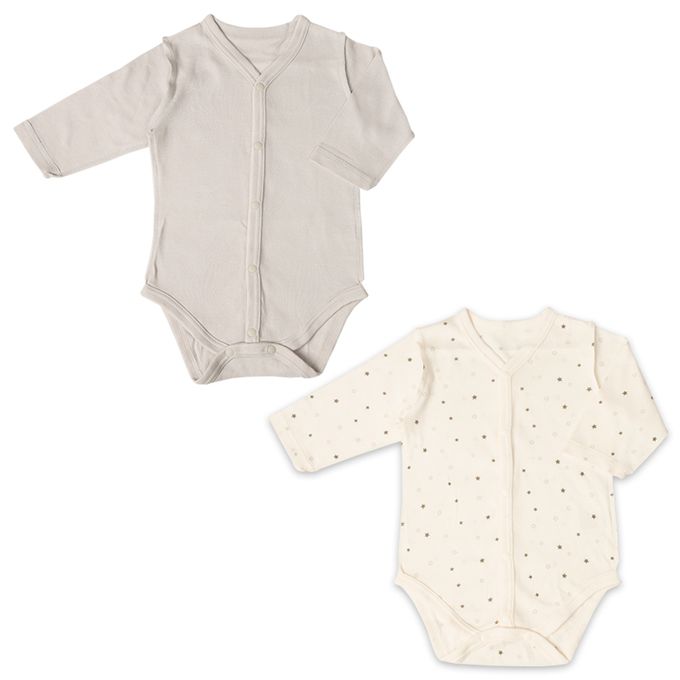 akachan honpo - 長袖前開式速乾包屁衣-2件組 星星-灰色