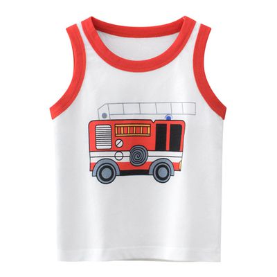 27KIDS - 純棉無袖背心上衣-消防車-米白色