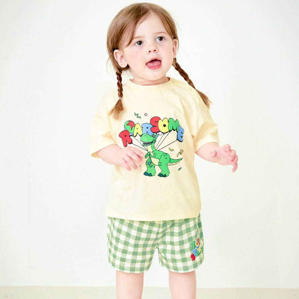 (聯名款)卡通人物抱抱龍格紋短袖套裝-奶油米X綠