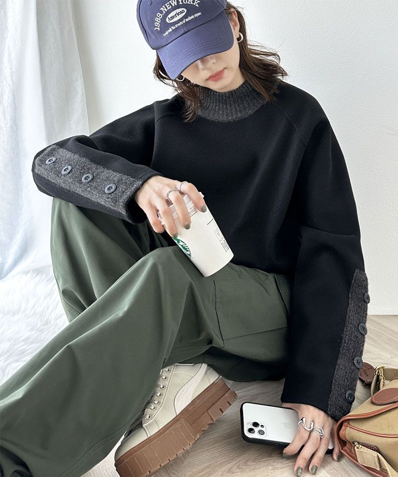 日本 Classical Elf - 小立領撞色鈕扣設計針織上衣-米杏