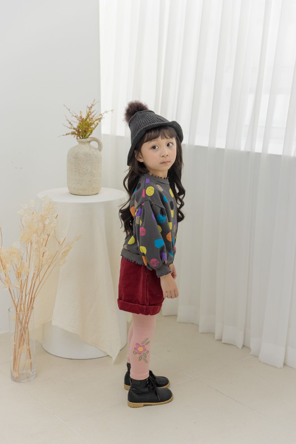 韓國 Orange Mom - 彩色波點卷邊泡泡袖T-深灰