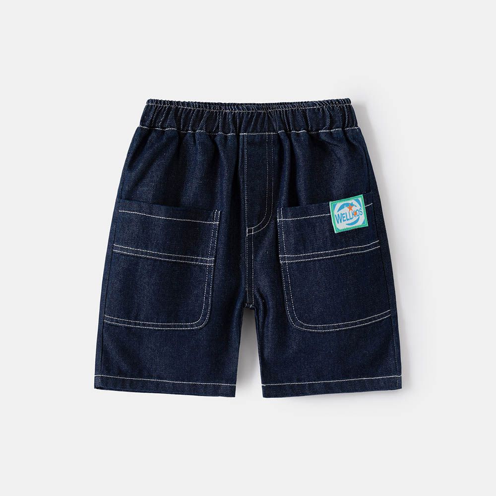 腰鬆緊休閒牛仔五分褲-造型貼標-深藍