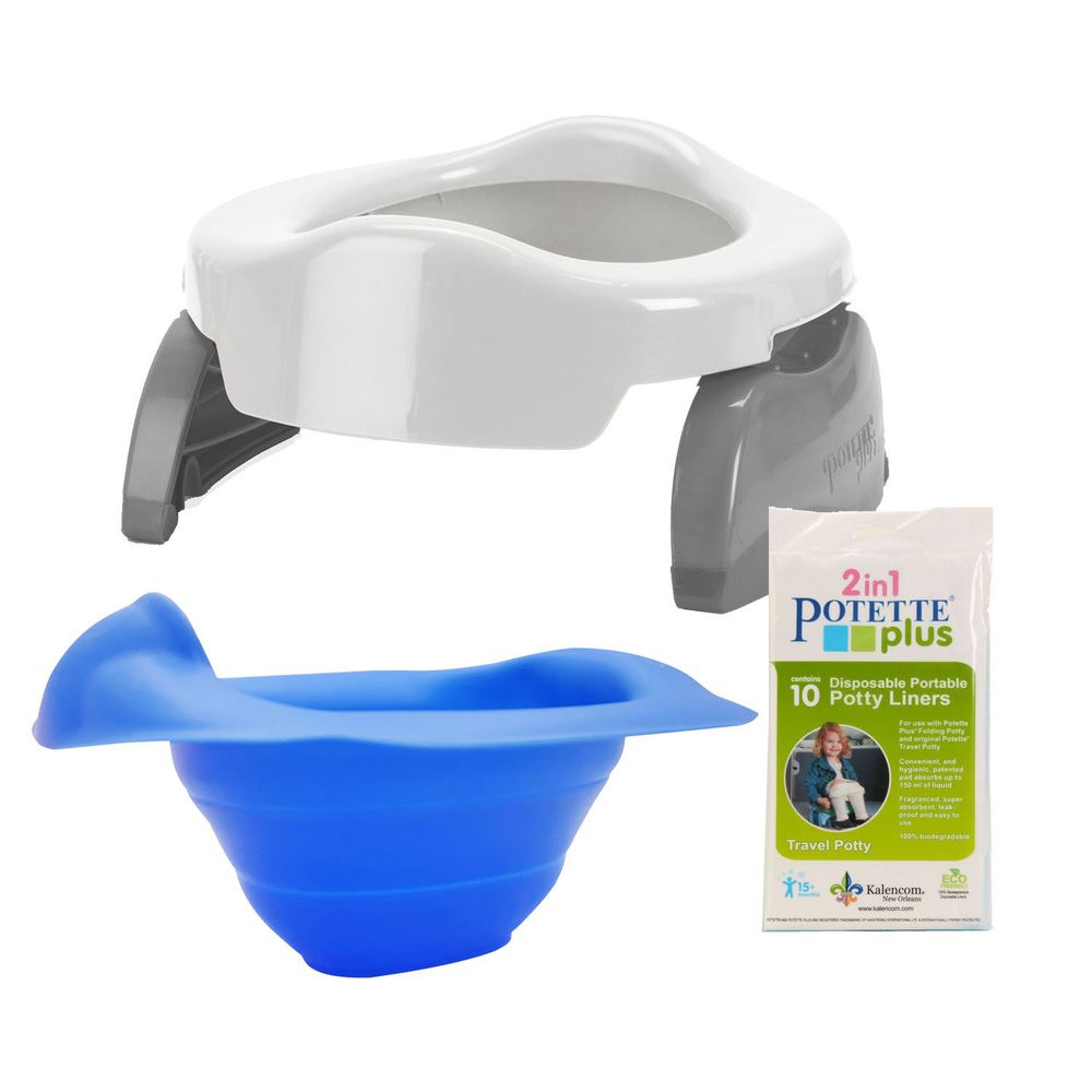 美國 Potette Plus - 可攜式馬桶-白色+摺疊式家用防漏盆-藍色+拋棄式防漏袋10入裝)