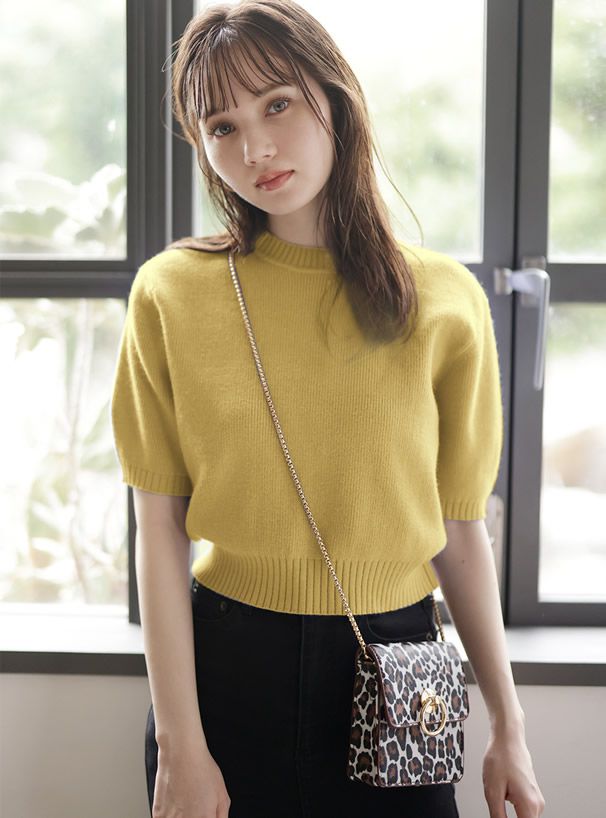 日本 GRL - 百搭短版五分袖針織上衣-灰粉