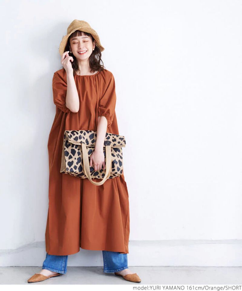 日本 COCA - 超寬鬆抓皺圓領五分袖長洋裝-橘