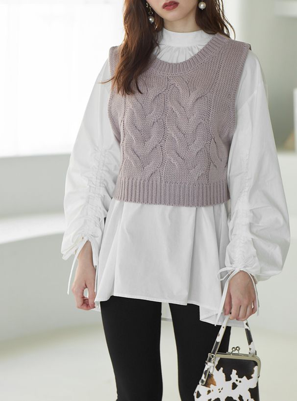 日本 GRL - 抽繩袖設計長袖上衣+針織背心兩件組-黑白