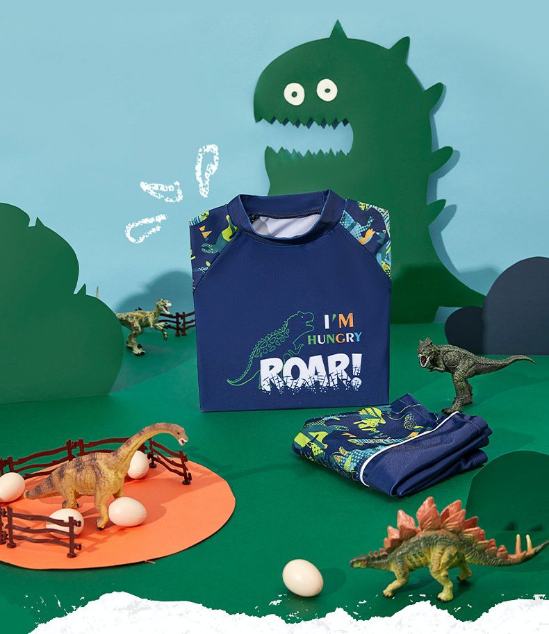 361° - 兒童卡通圖短袖泳衣套裝(二件組)-恐龍世界-淺藍色