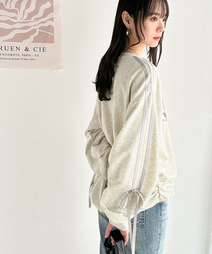 日本 Classical Elf - mily bilet 甜美袖蝴蝶結立體logo上衣-灰緞帶-燕麥灰