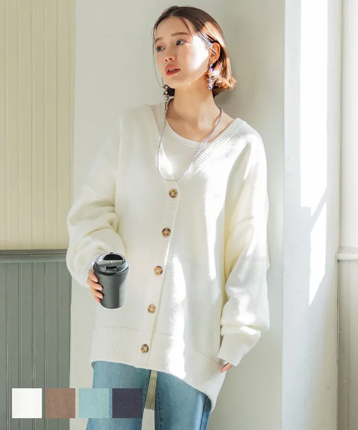 日本 COCA - V領柔軟落肩針織外套-湖水綠