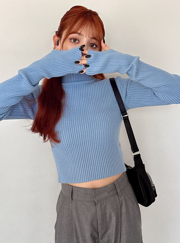 日本 GRL - 高領露指酷甜短針織上衣-黑