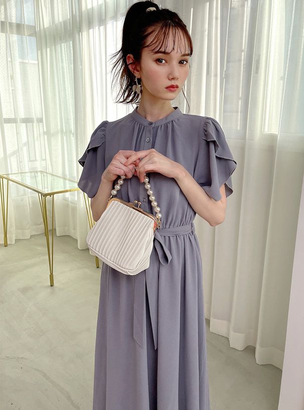 日本 GRL - 柔美綁帶花朵袖雪紡洋裝-冰河灰