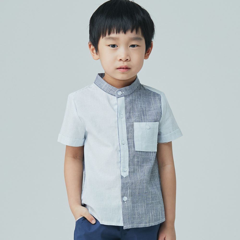 韓國 Coco Bang - 不對稱設計單邊口袋襯衫-藍