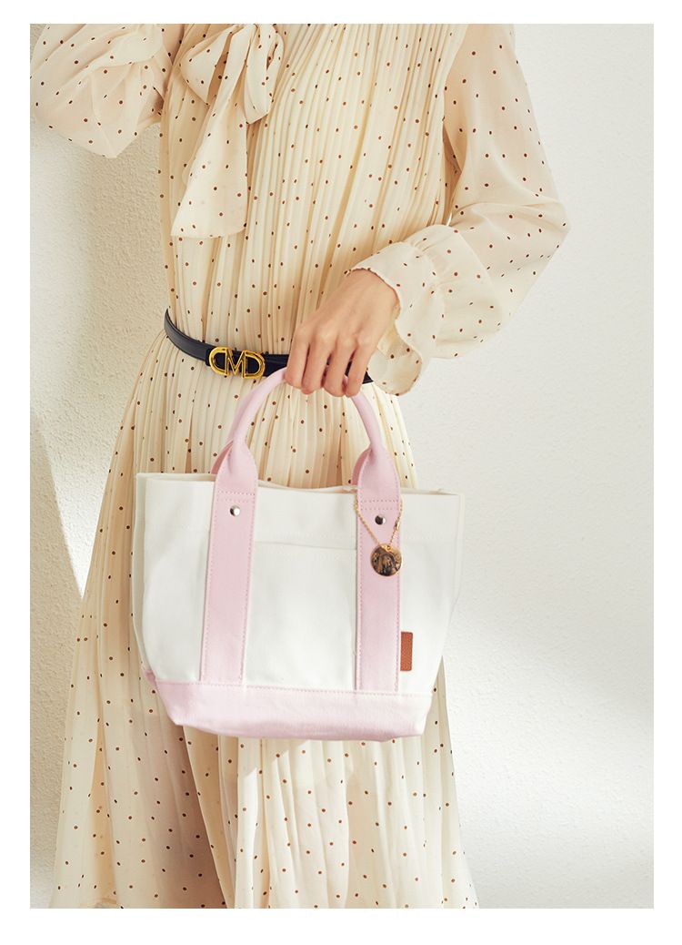 加厚大容量帆布手提包/便當袋-夾層可拆-白+深藍 (20.5x15x21.5cm)