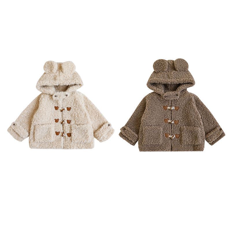 TONGMO - 立體造型羊羔絨牛角釦連帽外套-熊耳朵-米色