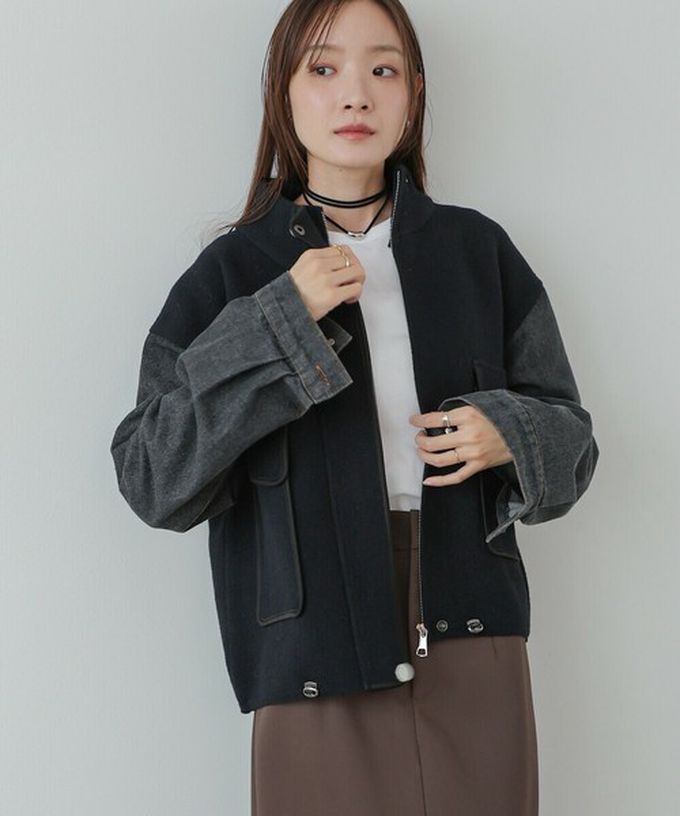 日本 Bab - 俐落簡潔丹寧袖拼接夾克/外套-棕系