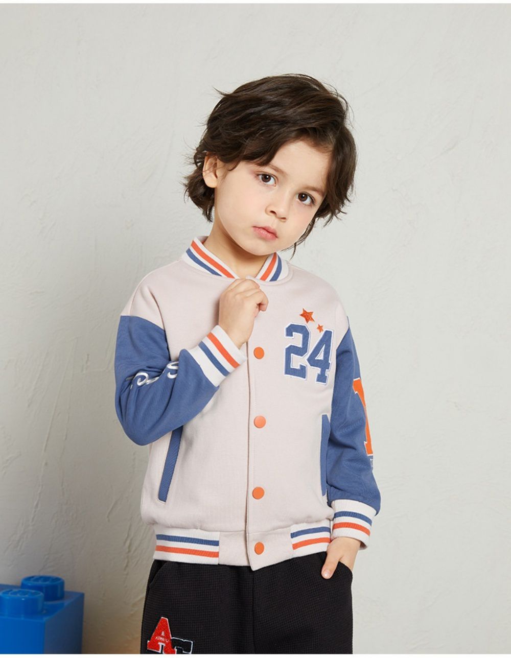 童趣拼色棒球外套-數字24-霧藍+杏