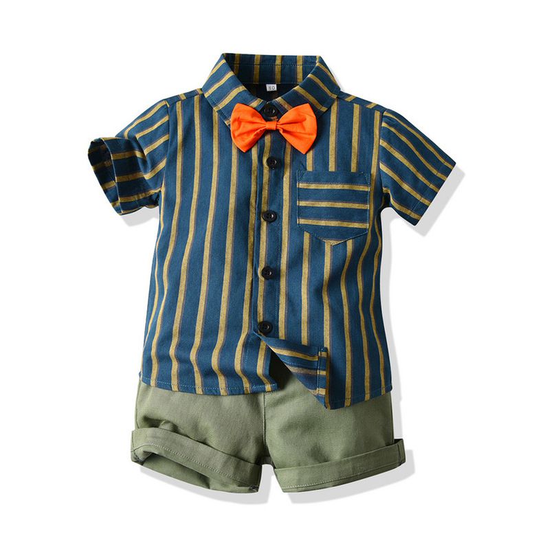 條紋小紳士短袖套裝-墨綠色