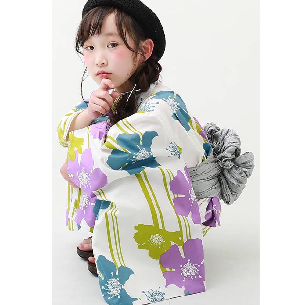 日本 devirock - 純棉夏日祭典花朵浴衣兵兒帶2件組-繁盛花朵-黃x灰