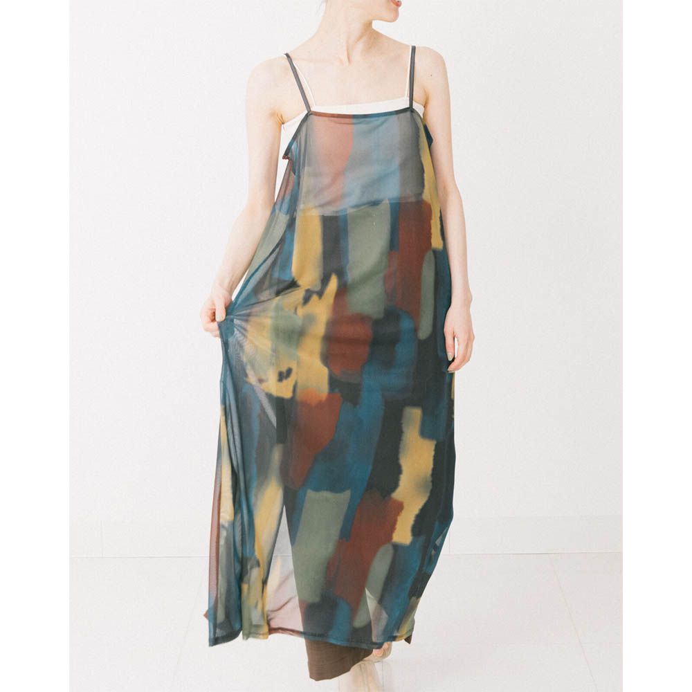 水彩暈染風夢境薄紗細肩帶洋裝-深藍系