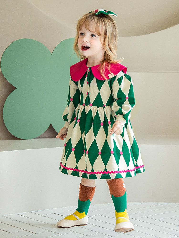 韓國 Pimpollo - 菱格紋撞色翻領洋裝-黃