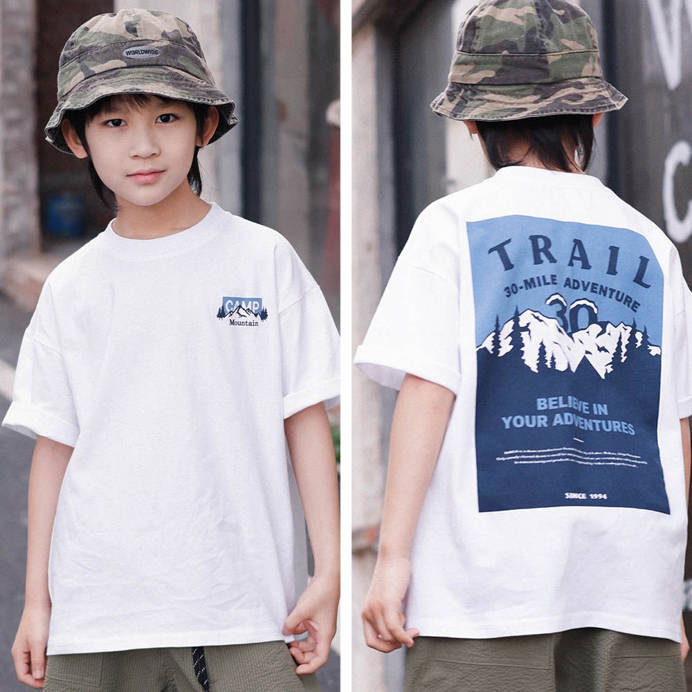 純棉圓領短袖上衣-山間挑戰-白色