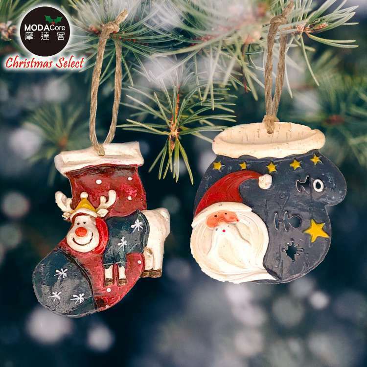 MODACore 摩達客 - 聖誕樹脂藝術創作裝飾吊飾-2入組-2.藍手套麋鹿耶誕襪