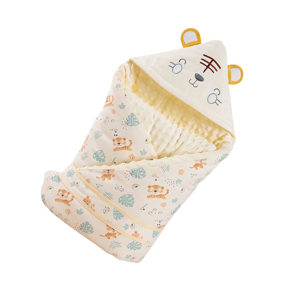 泡泡絨秋冬包巾 連帽保暖 可當蓋被 附固定帶-黃色老虎 (90*90cm)