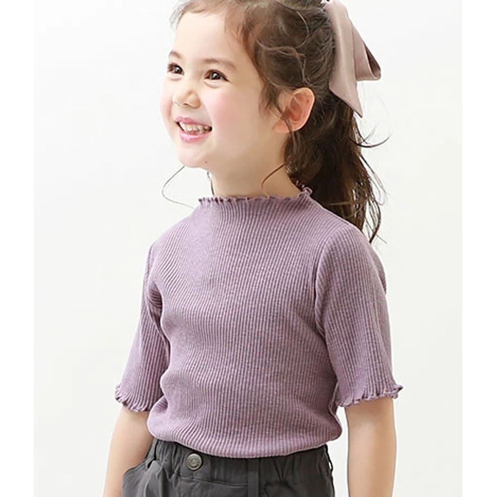 日本 devirock - 純棉木耳邊五分袖羅紋上衣-灰紫