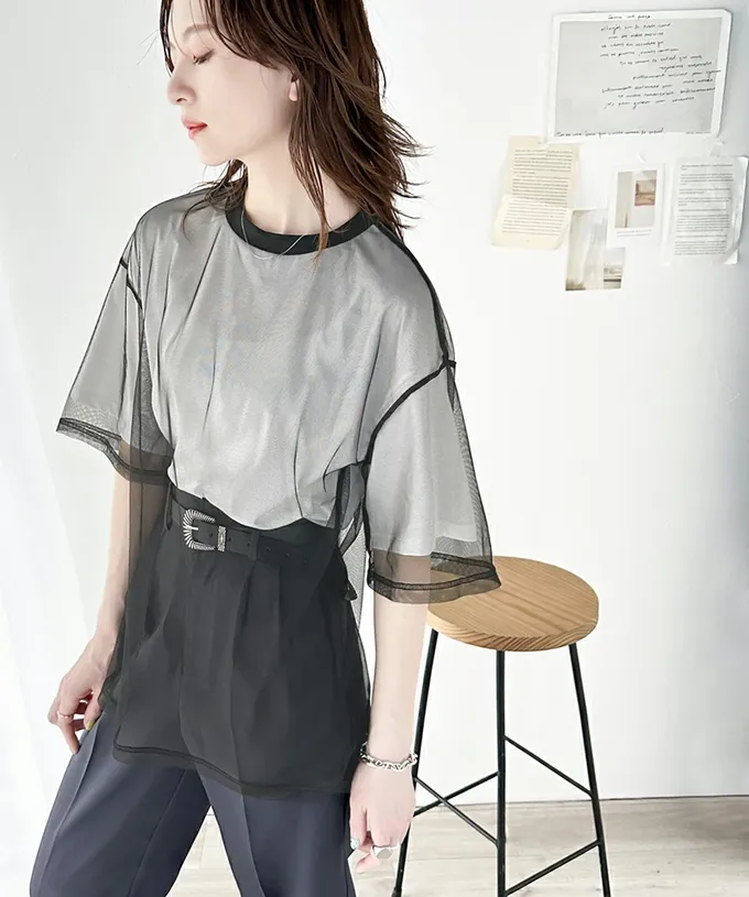 日本 Classical Elf - Java 薄紗層次酷甜五分袖上衣-白x灰紗