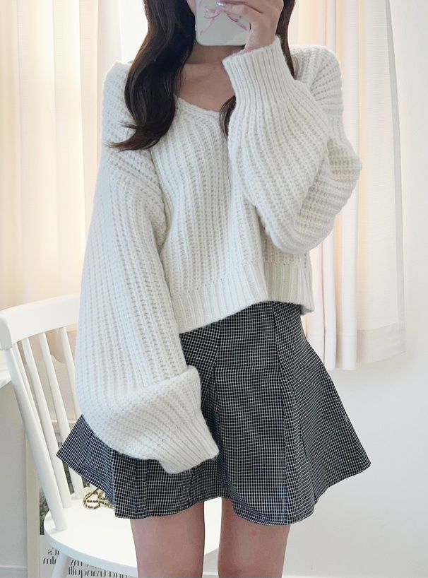 日本 GRL - 聯名款 V領鉤針編輯泡泡袖毛衣-卡其 (F)