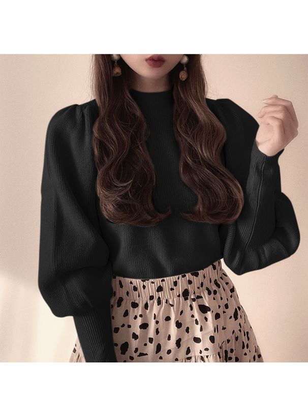 日本 GRL - 圓領修身氣球袖針織上衣-蜜桃粉
