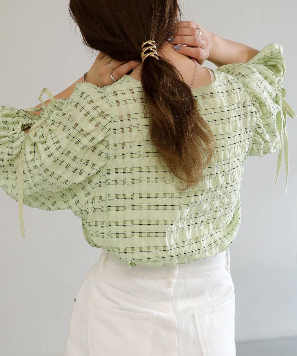 日本 Bab - 甜美格紋抽繩澎澎袖上衣-米杏