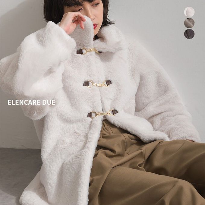 日本 ELENCARE DUE - 魅力金扣柔軟蓬鬆仿毛翻領大衣外套-炭灰