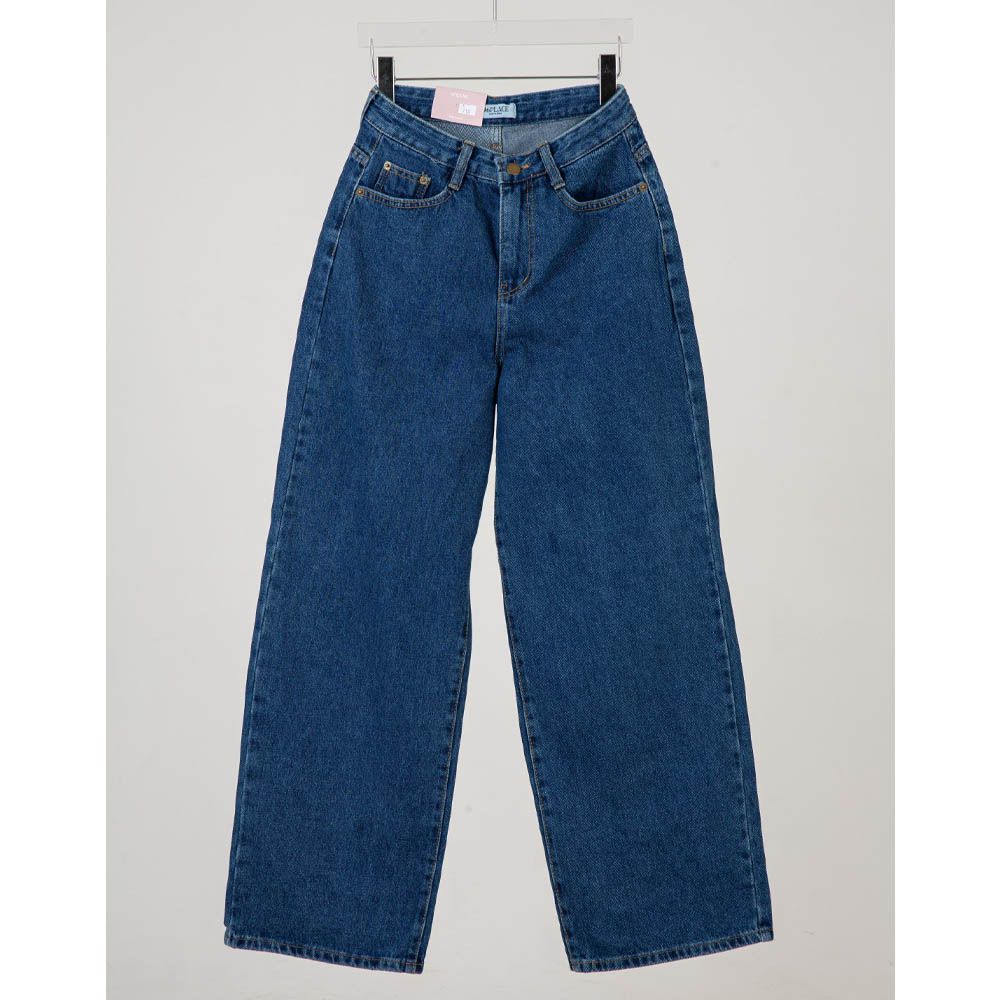 96PLACE 後鬆緊自然垂墜寬鬆丹寧褲-深藍