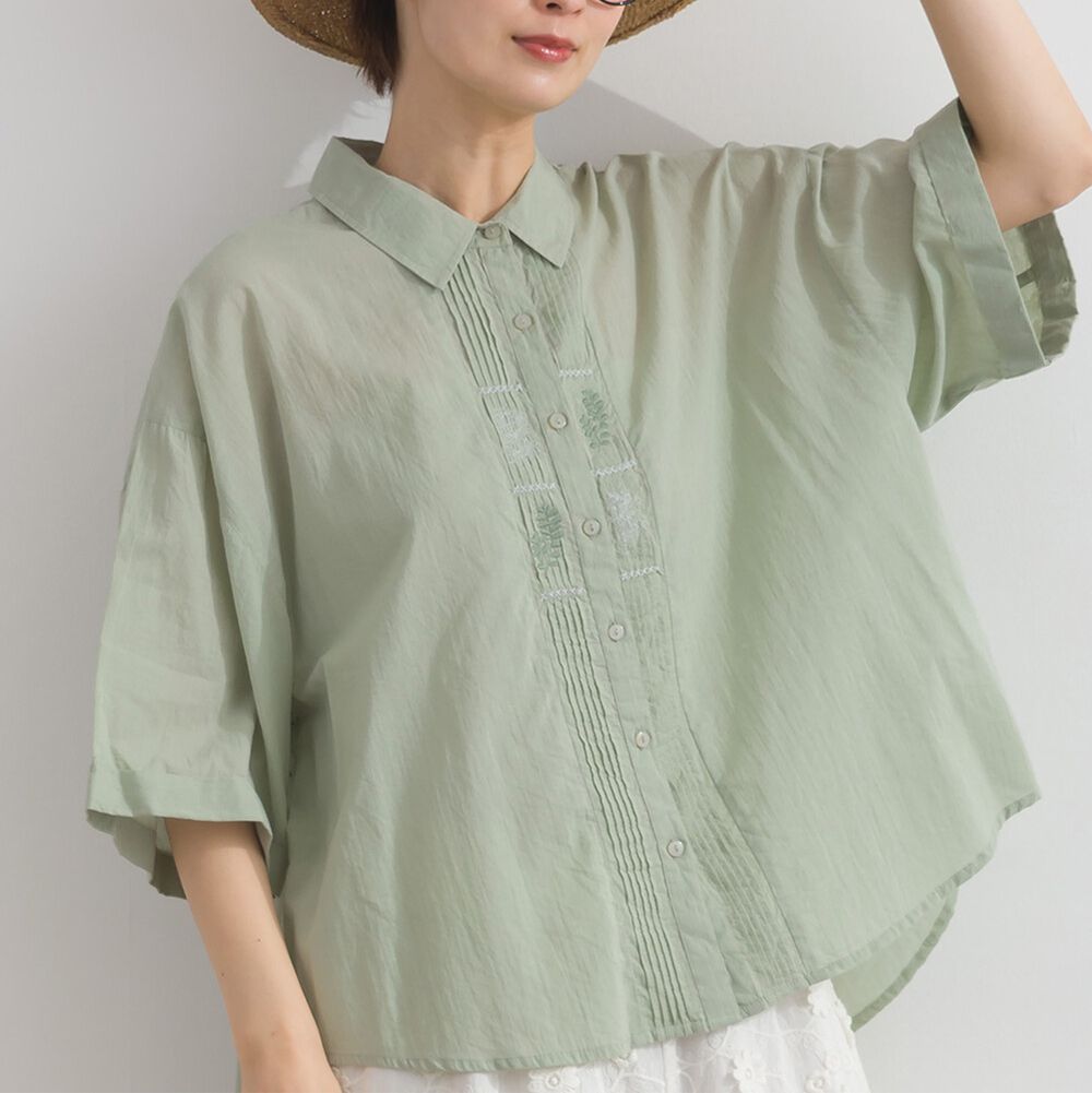 印度棉 低調植物刺繡短袖襯衫-煙燻綠