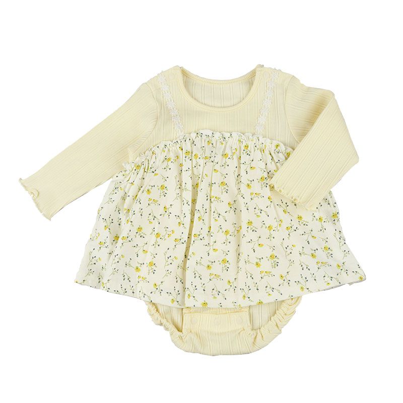 akachan honpo - 長袖外出包屁衣-小花-米白色