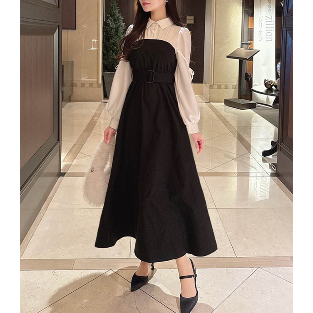 典雅拼接風側蝴蝶結長袖洋裝-(附腰帶)-黑