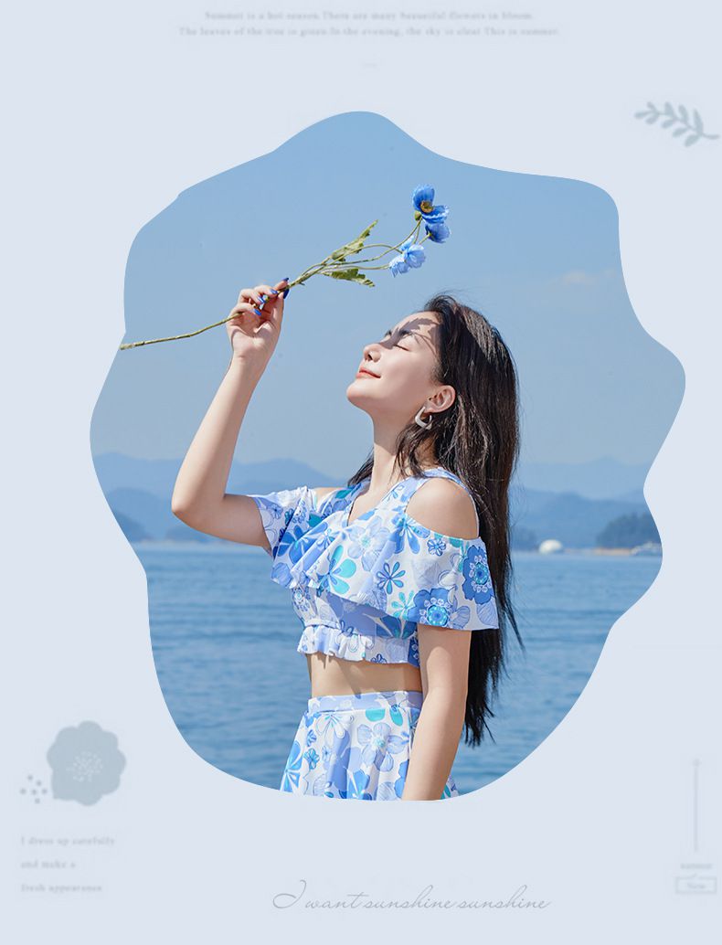 小清新高腰防走光露肩泳衣套裝-滿版花花-藍色