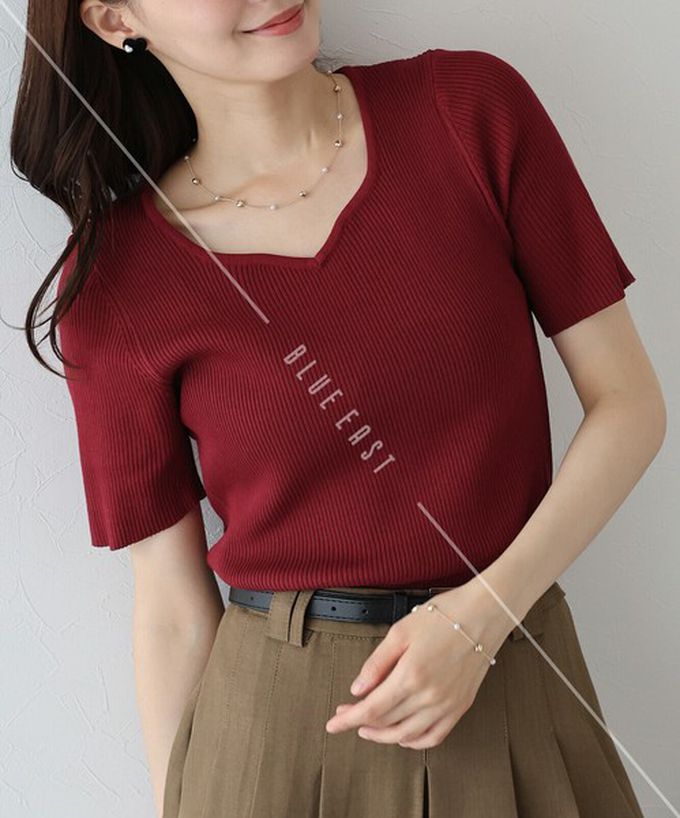 日本 BLUE EAST - 合身羅紋甜美桃心領短袖上衣-黑