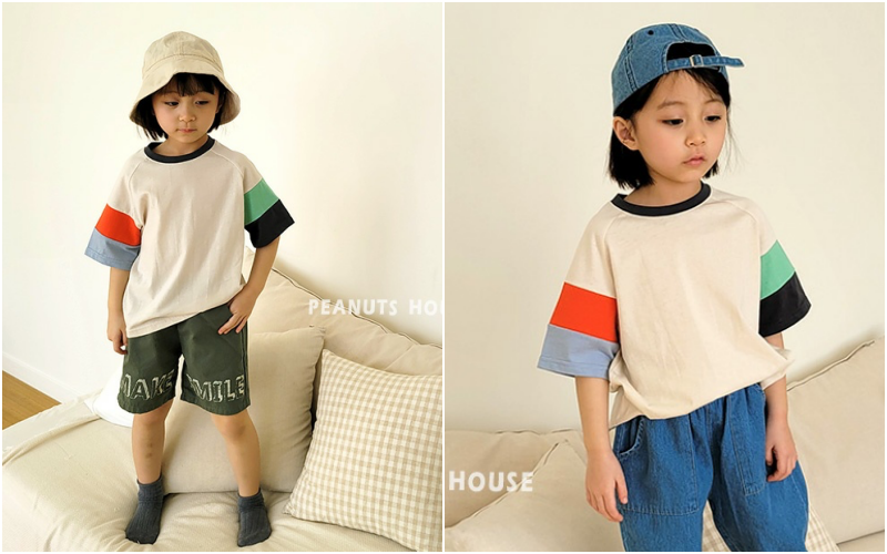韓國 Peanuts House - 撞色拼接色T-杏