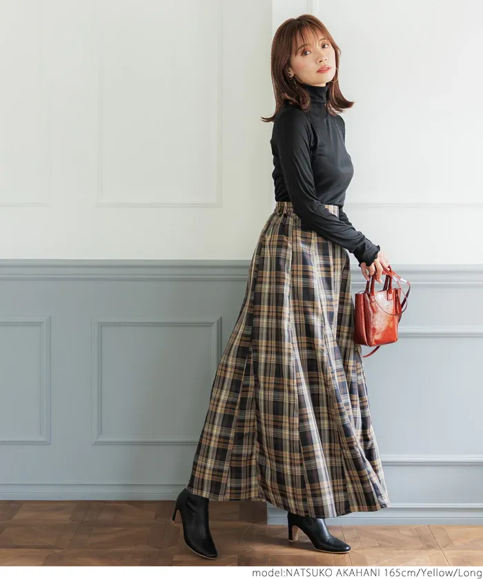 日本 COCA - 氣質格紋打褶修身長裙-黃