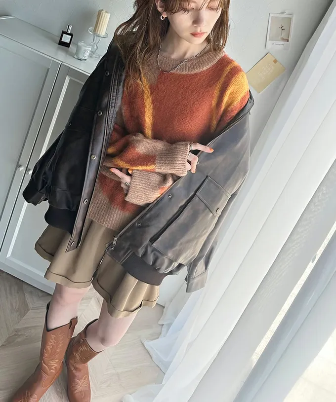 日本 Classical Elf - 歐風毛絨感波浪印花毛衣-寶藍x黃