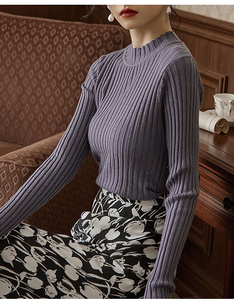 優雅百搭坑條修身針織上衣-紫色