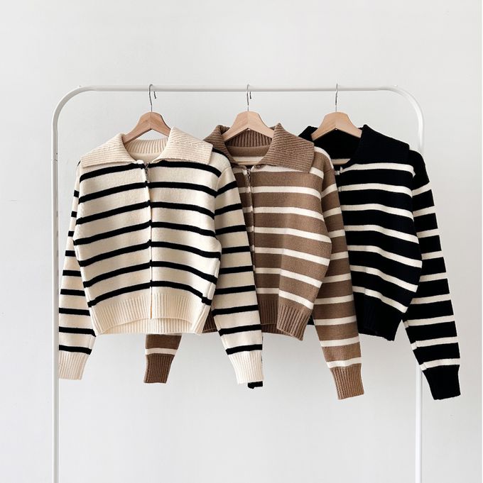 韓國女裝連線 - 溫柔條紋翻領拉鍊針織外套-摩卡咖 (FREE)