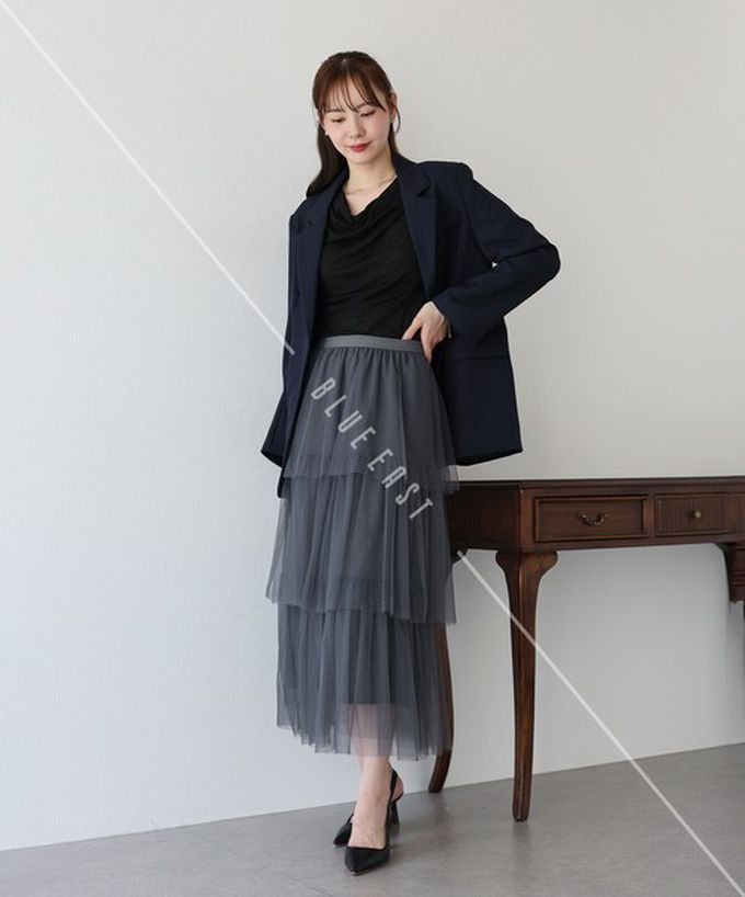 日本 BLUE EAST - 夢幻搖曳感層次薄紗長裙-炭灰